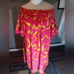 Vibrant Pink and Yellow Off-Shoulder Dress
